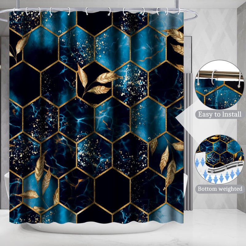 Poedist 4 Pcs Bathroom Shower Curtain Set Bathroom Sets with Rugs(Bath Mat U Shape and Toilet Lid Cover Mat) and 12 Hooks Sky Blue Honeycomb Marble - Image 3